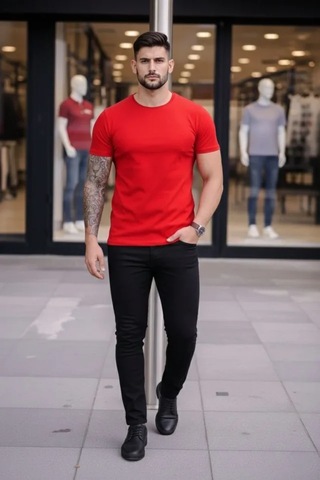 Veraura Lifestyle Erkek T-shirt Bisiklet Yaka Slim Fit Dar Kesim Likralı Tişört Günlük Basic Body - Kırmızı