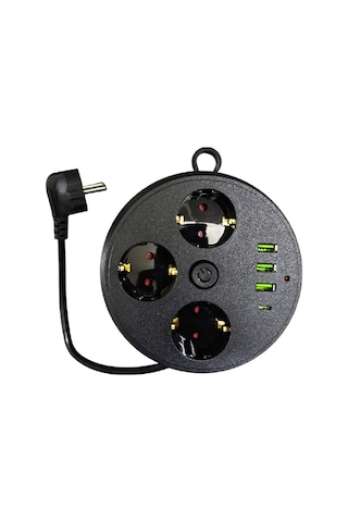 Büro Ev Ofis İçin 1mt Makaralı 4000w 16a 3priz 3usb 1typec Anahtar Akım Korumalı Grup Priz