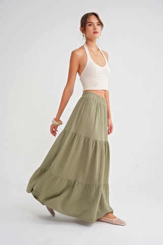 4567 Kadın Fırfırlı Uzun Müslin Etek Çağla Çağla Yeşili