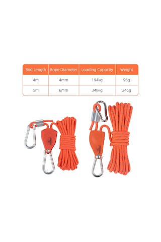 Springsun Turuncu 6mm 5m Poliester Kamp Rope, Kaydırma Ayarlı Zincir Alaşımlı Pulley, 348kg Yük Kapasitesi Portakal