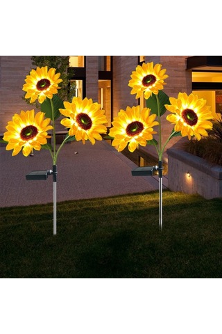 Ximistore9 Güneş Enerjili Gül Bahçe Bahçe Simülasyonu Dekoratif Çim Toprak Işığı Üç Başlı Ayçiçeği Opp Tekli Paket