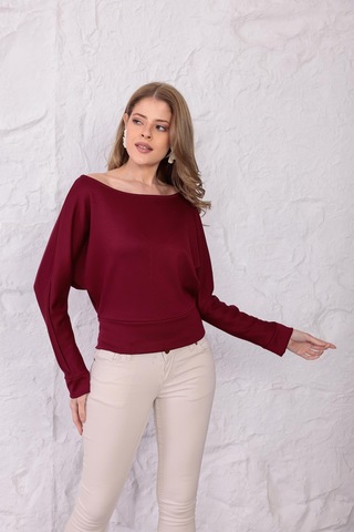Ckm Moda Luna Yarasa Kol Bel Büzgü Detaylı Bluz Bordo