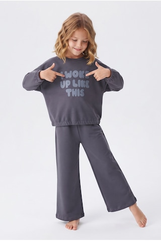 Alkın Kids 3-8 Yaş Kız Çocuk %100 Pamuk Süprem Penye Kumaş Baskılı Sweatın Eteği Lastiikli Uzun Kolu Bol Paçalı Pijama Takımı Gri
