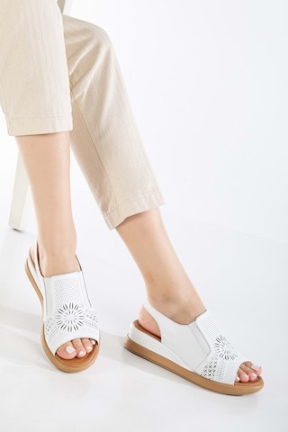 Analin Shoes Kadın Hakiki Deri Lastikli Sandalet Beyaz