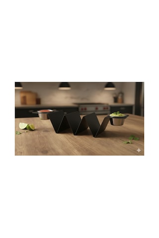 Modern Tasarım 3 Bölmeli Taco Standı Ve Sosluk Seti - Mat Siyah Metal Taco