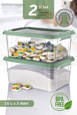 2'li Mega 15l Un Bakliyat Erzak Kabı - Kilitli Kapaklı Banyo Düzenleyici Deterjanlık Saklama Kutusu Yeşil