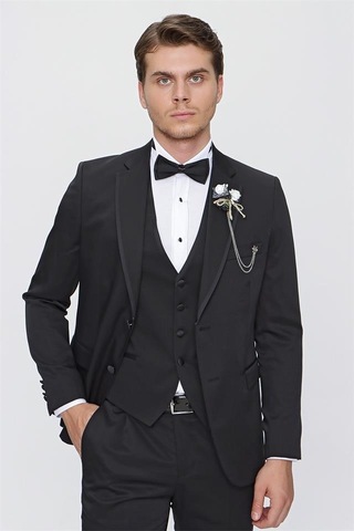 İmza Siyah Desenli Armürlü Mono Yaka Astarlı Yelekli 6 Drop Slim Fit Dar Kesim Smokin Damatlık 1001220201-Siyah