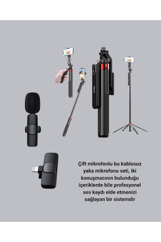 Vlog Ve Canlı Yayın İçin Çift Yaka Mikrofonu Ve Tripodlu Selfie Çubuğu Seti Çok Renkli