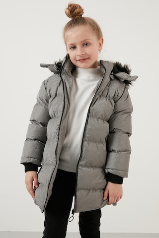 Lela Yakası Suni Kürklü Peluş Astarlı Çıkarılabilir Kapüşonlu Dar Kesim Kışlık Kız Çocuk Mont 5760002 Silver