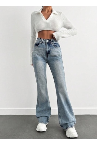 Herton Yüksek Bel İspanyol Paça Jean Pantolon - Eskitme Detaylı Full Pamuklu Flare Denim Royal Mavi