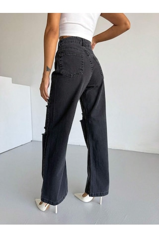 Shevega Kadın Füme Çift Diz Lazer Yirtik Yüksek Bel Bol Paça Jeans Pantolon Gri