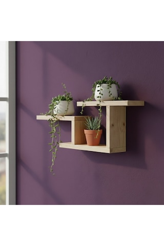 Modern Dekoratif Ahşap Duvar Rafı - 48x29 Cm - Çift Taraflı Bantlı Montaj - Saksılık & Kitaplık Bej