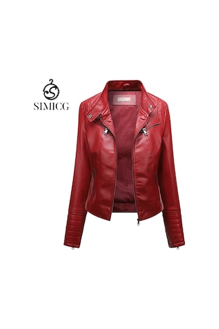 Kadın Deri Ceket İnce İlkbahar Ve Sonbahar Ceketi Kırmızı