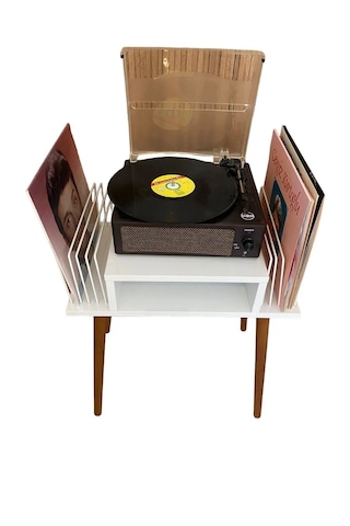 Plak Ve Pikap Sehpası 2 Li Beyaz Ahşap Ayaklı