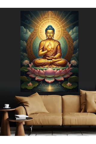 Ahşap Tablo Lotus Çiçeği Üzerinde Oturan Buda