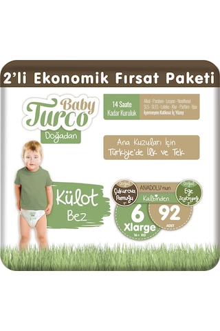 Baby Turco Doğadan 2'li Ekonomik Fırsat Paketi Külot Bez 6 Numara Xlarge 92 Adet