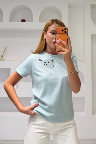 Fiolin Soft Touch Modal Kumaş Nakışlı Lazer Kesim T-shirt Mint Yeşili