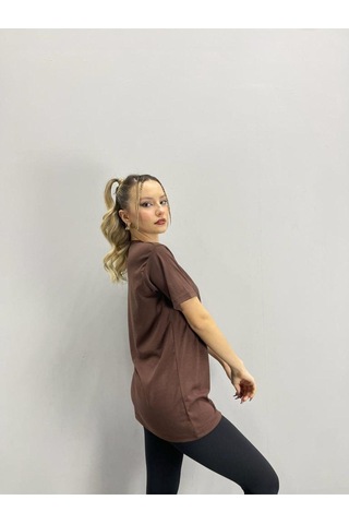Flood Of Style Kadın Kahverengi Alaska Baskılı Oversize Bisiklet Yaka Tshirt