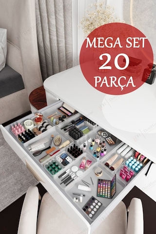 20 Parça Mega Set Çekmece İçi Düzenleyici - Banyo Makyaj Ve Takı Organizer Düzenleyici Şeffaf