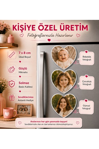 3 Kalpli Fotoğraf Magneti Kişiselleştirilebilir Bebeklik Çocukluk Anı Yolculuğu Hediyesi