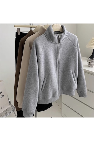 Snapbuy İçi Polarlı, Fermuarlı, Dik Yaka Kadın Sweatshirt Ceket Gri