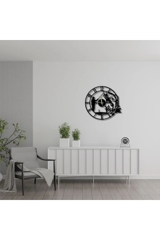 Metal Duvar Saati Gone Fishing Vinil Balıkçı Detaylı Dekoratif Saat Siyah-58 X 58