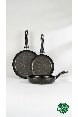 Bonetti Premium 3'lü Granit Tava Seti Yanmaz Yapışmaz Çizilmez Siyah-gold 20-24-28 Cm Siyah