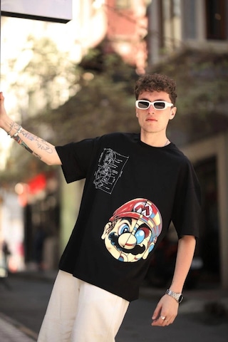 Assema Erkek Mario Baskılı T-shirt Oversize Kısa Kol Bisiklet Yaka Tişort - Siyah Çok Renkli