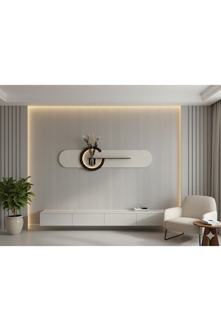 Antoryum Dekoratif Duvar Rafı Led Işıklı Ahşap İskandinav Tarzı Büyük Boy Modern Salon Duvar Rafı Çiçeklik 38x135 Cm Paris Grisi - Ahşap Ceviz