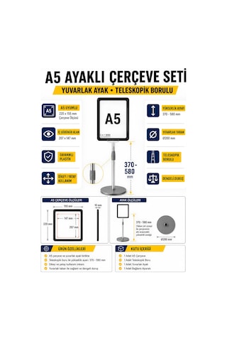 A5 Ayaklı Menü Ve Fiyat Bilgi Standı Yuvarlak Tabanlı Teleskopik Çerçeve Etiketlik Siyah