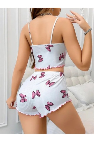 Atyticaret Kadın Pamuklu Beyaz Üstüne Pembe Kurdela Desenli Fitilli Askılı Şortlu Pijama Takımı