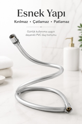 Gümüş Pvc Duş Hortumu 150 Cm Dolanmaz 360 Döner Başlıklı Yüksek Basınçlı İnox Banyo Spirali