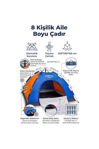 Kamptek Outdoor 8 Kişilik Otomatik Kurulum Kamp Doğa Deprem Acil Durum Çadırı 250x250x165 Cm Çok Renkli