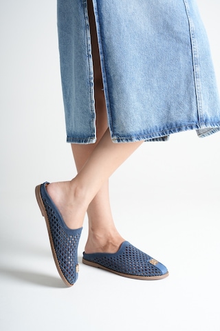 Analin Shoes Kadın Hakiki Deri Delikli Günlük Rahat Terlik Mavi