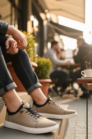 Enoch Hakiki Deri Lastik Detaylı Erkek Sneaker Ayakkabı Ortopedik Taban Bej