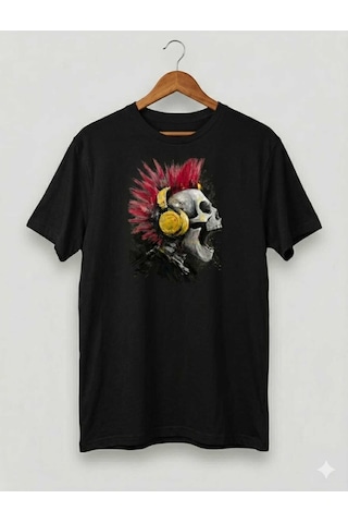 Punk Rock Temalı Kuru Kafa Baskılı Bisiklet Yaka Erkek T-shirt Siyah