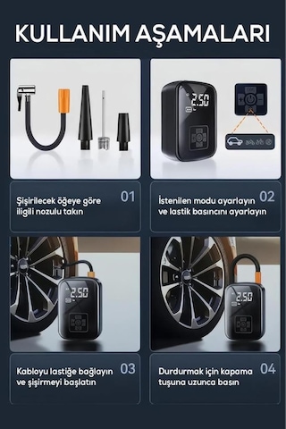 Taşınabilir 150 Psı 3600mah Kablosuz Şarjlı Dijital Hava Kompresörü Lastik Pompası