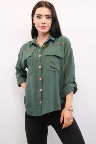 Moda Çizgi Pamuklu Keten Gömlek Zümrüt Çok Renkli
