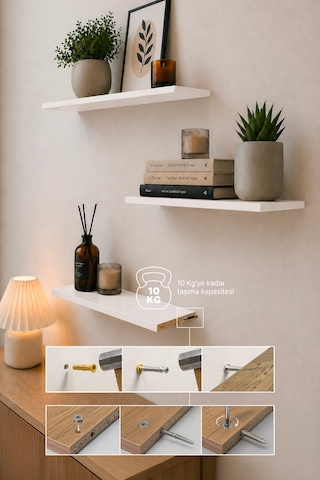 Harmony 3 Raflı Gizli Monte Uçan Raf 50 15 Cm Beyaz