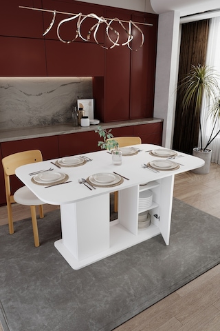 Modern Dolaplı 6 Kişilik Mutfak Yemek Masası %100 Mdf Mutfak Yemek Odası Masası Ym06 Beyaz