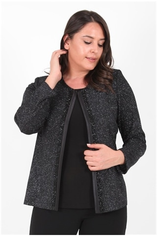Ladies First Büyük Beden 3115 Siyah Gümüş Ceket+Atlet Abiye Ikili Takım