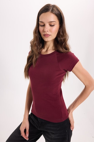 Tudors Kadın Slim Fit Dar Kesim Bisiklet Yaka Reglan Kol %100 Pamuk Bordo Tişört Bluz-51067