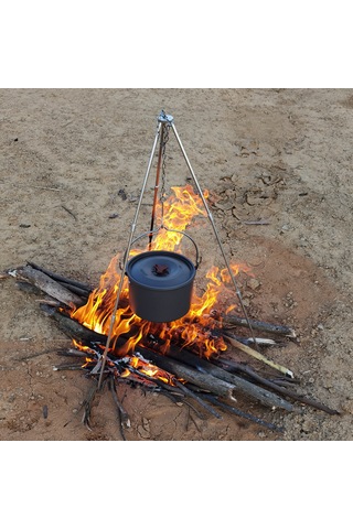 Neevoyu Kampanyalı Katlanır Alüminyum Kamp Ocağı Askılığı - Zincirli Ayarlanabilir Yükseklik Gümüş