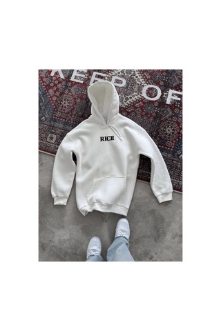 Butik İstanbul Uzun Kol Kapşonlu Göğüs Baskılı Sweatshirt - Beyaz