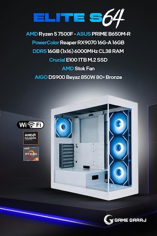 Game Garaj Elite S64 R5-7500F 16 GB 1 TB SSD RX9070 Dos Oem Paket Masaüstü Oyuncu Bilgisayarı
