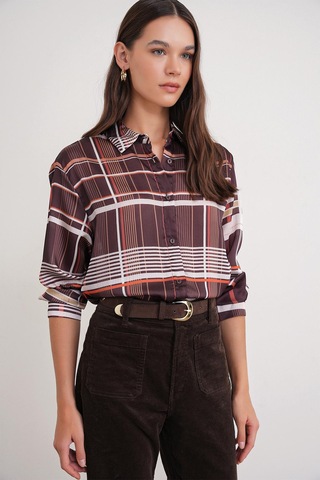 4751 Kadın Ekose İnce Saten Gömlek Kahve Kahve