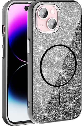 Apple Uyumlu iPhone 15 Kılıf Magsafe Şarj Özellikli Parlayan Simli Okso Kapak - Siyah Siyah Siyah