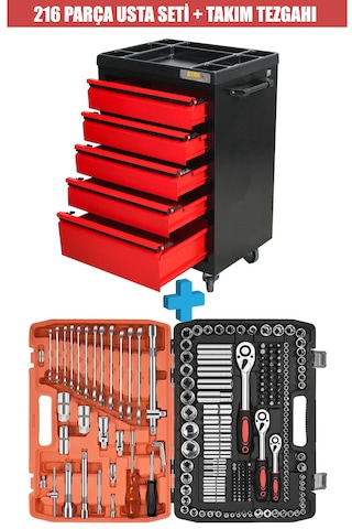 Staxx 5 Çekmeceli İçi Bol Alet Dolabı + 216 Lokma Takımı Full Set