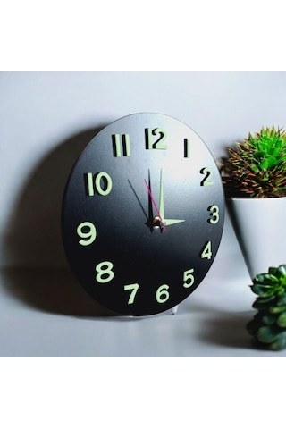Çocuk Odası Fosforlu 3d Kabartma Rakam Ahşap Mini Duvar Saati Siyah