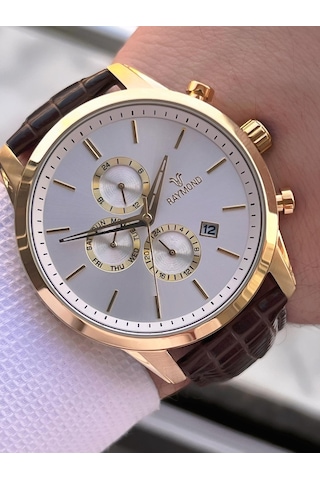 Raymond Nişan Ve Damatlara Özel Deri Kordon 2 Yıl Garantili 5 Atm Erkek Kol Saati+bileklik Rmd.44 Gri - Rose Gold